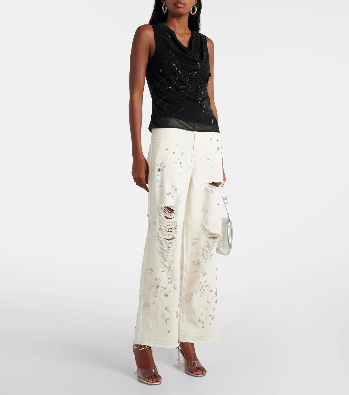 Xu Zhi Embellished distressed wide-leg jeans