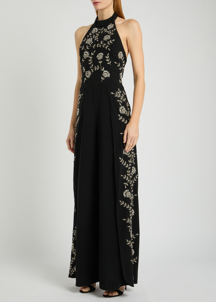 Alice + Olivia Gatz Floral-embellished Crepe Jumpsuit Black