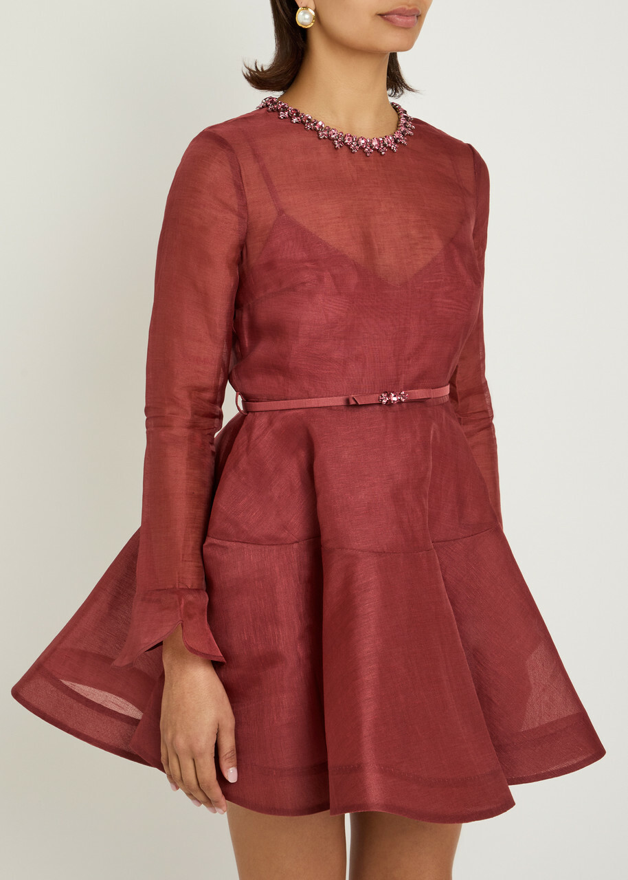 Zimmermann Alchemy Belted Linen-blend Mini Dress Dark Red