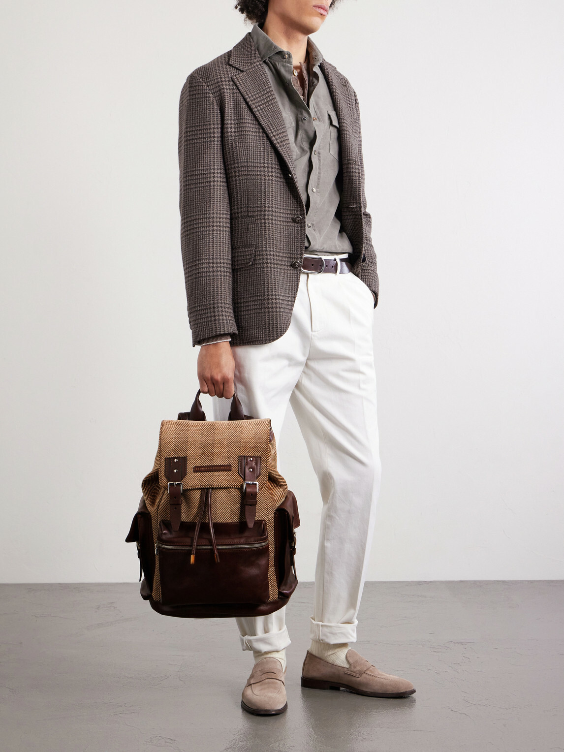 Brunello Cucinelli - Leather-Trimmed Herringbone Canvas Backpack