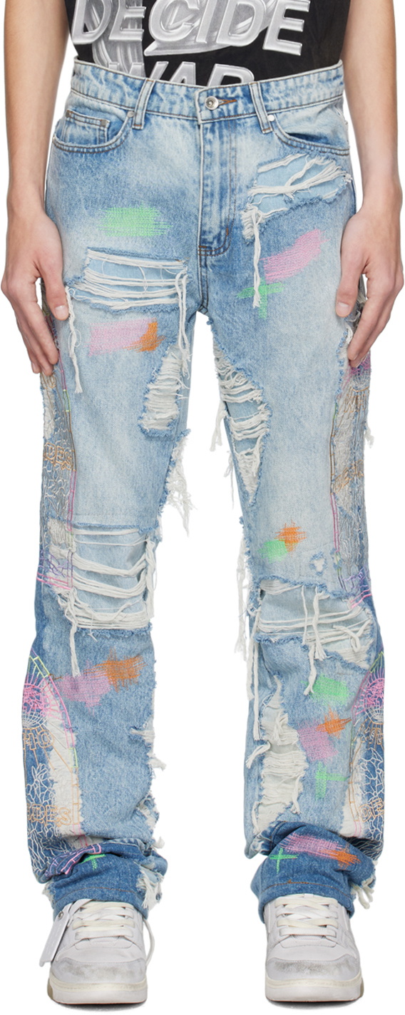 Who Decides War Blue Embroidered Jeans WHO DECIDES WAR by Ev Bravado