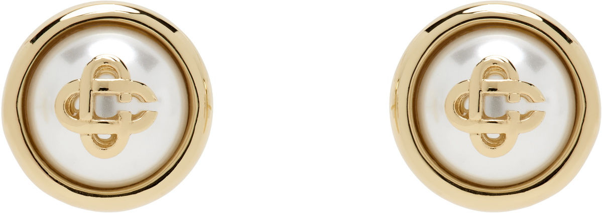 Casablanca Gold & White Faux-Pearl Logo Stud Earrings