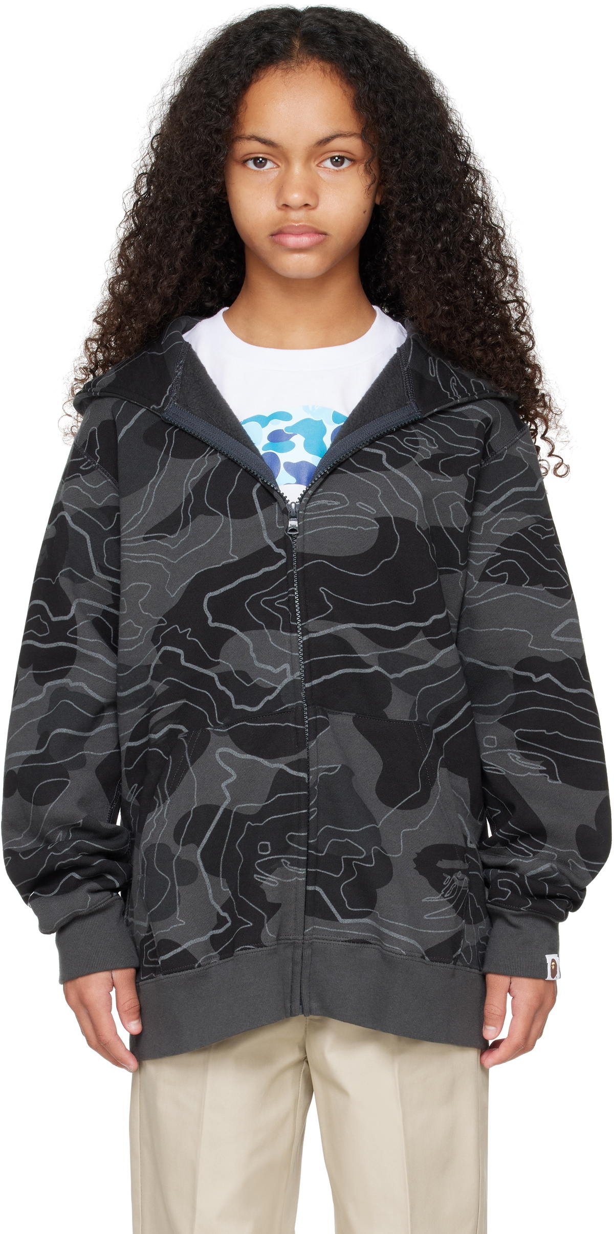 BAPE Kids Black Layered Line Camo Shark Zip Hoodie A Bathing Ape