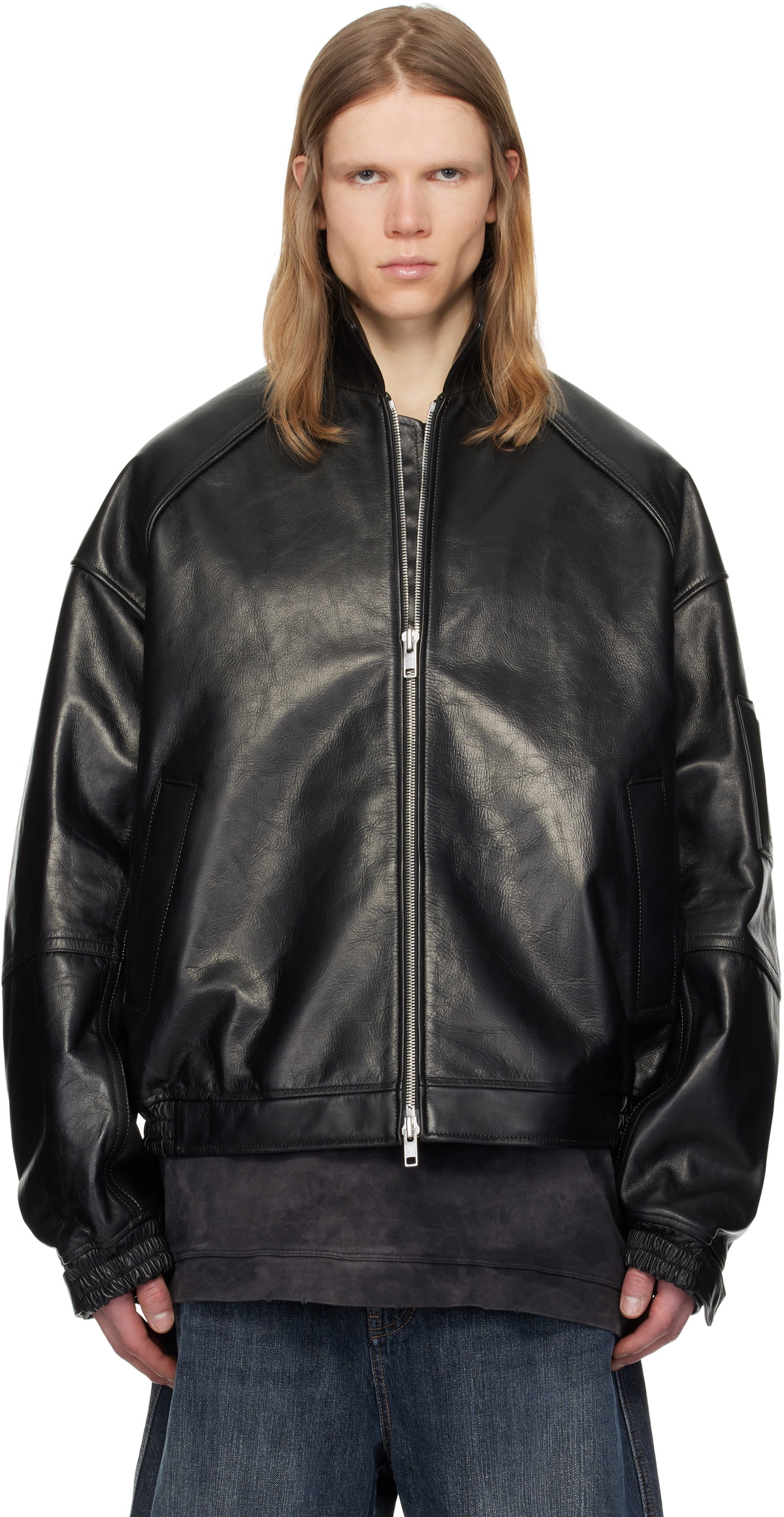 Juun.J Black Stand Collar Leather Aviator Jacket Juun.J