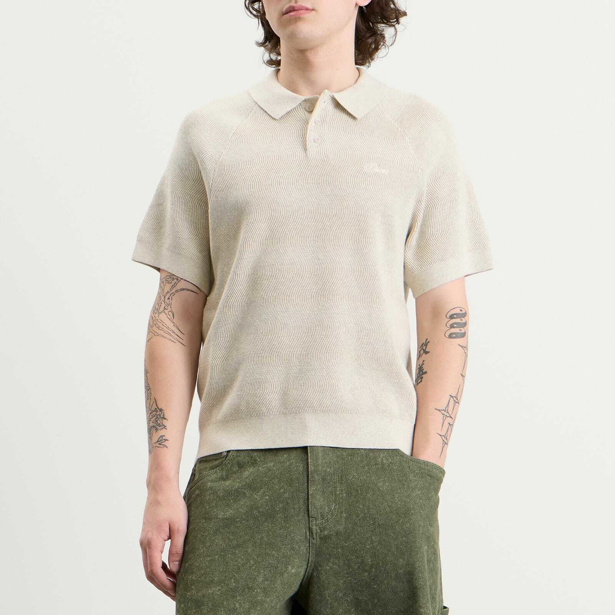Dime Men's Cable Knit Polo in Oatmeal