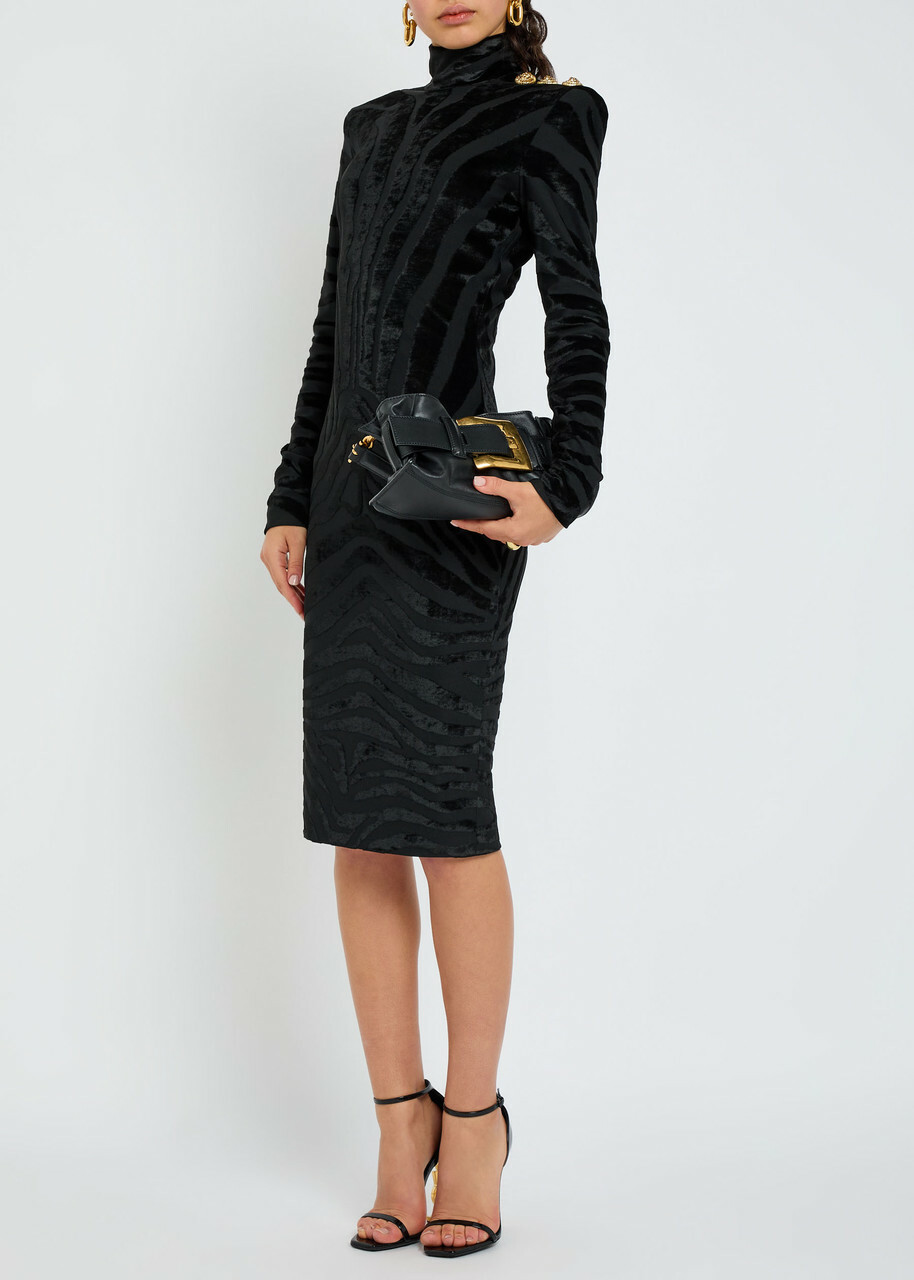 Balmain Zebra-jacquard Velvet and Woven Bodycon Dress Black
