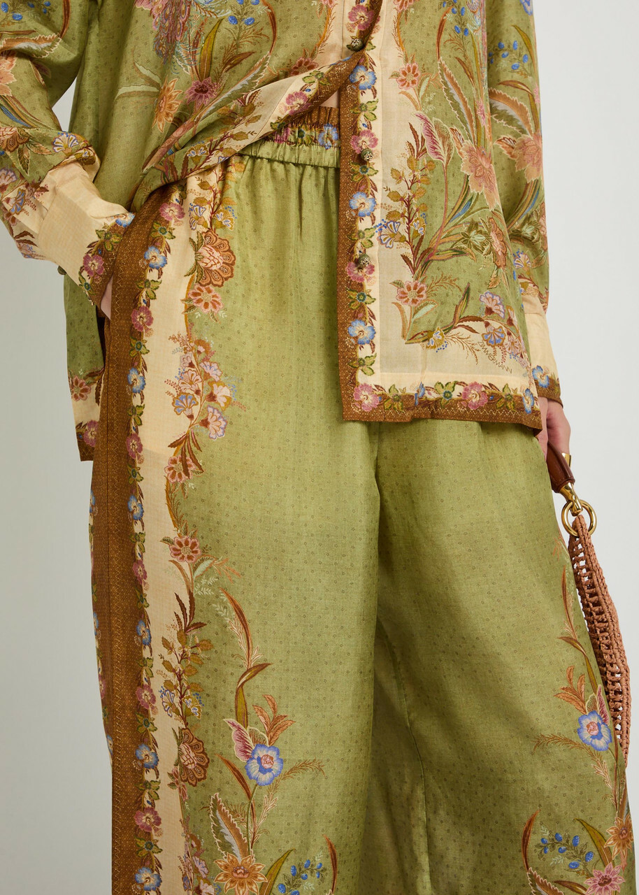 Zimmermann Indra Printed Silk Trousers Khaki
