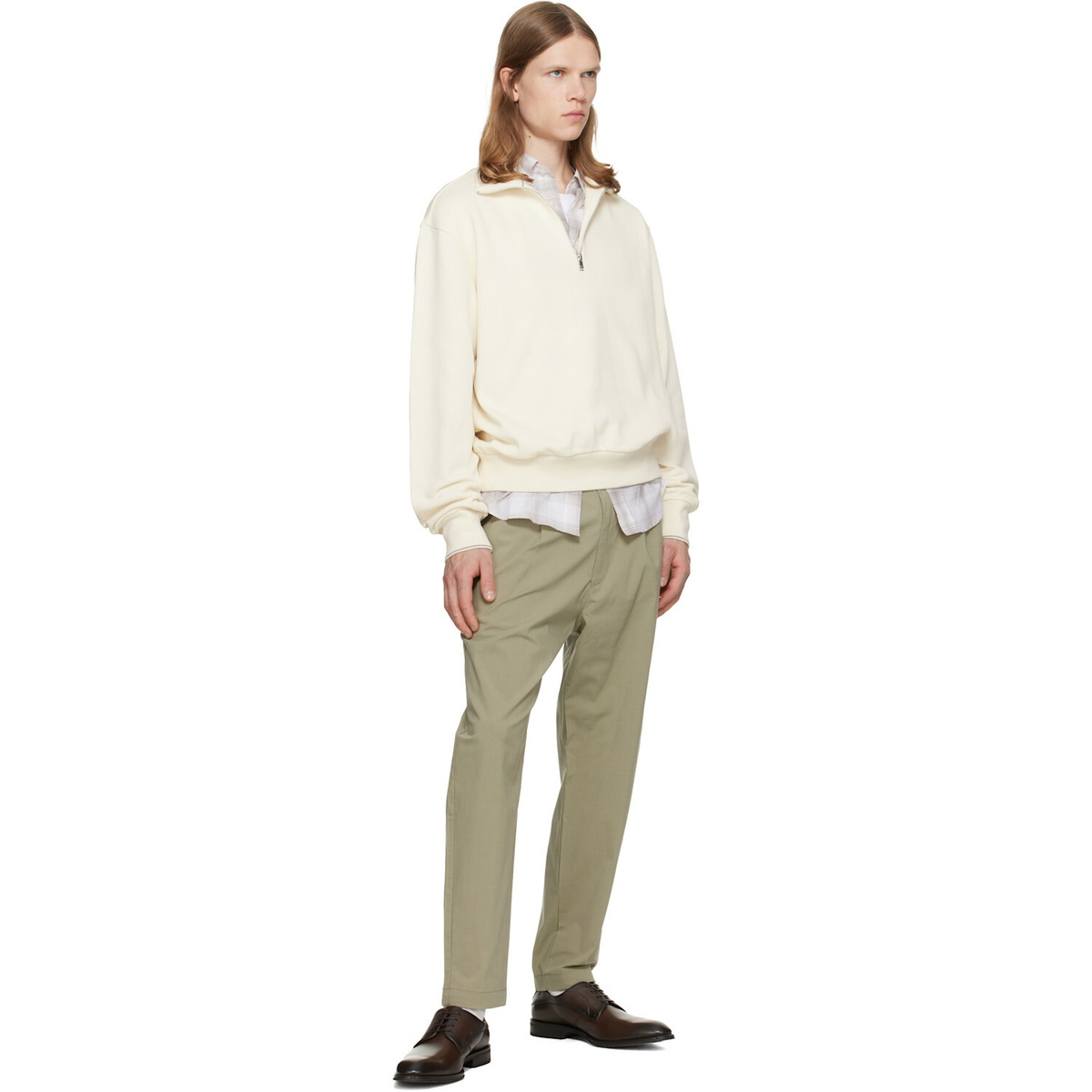 BOSS Off-White Zipper Neck Structured Cotton Sweatshirt