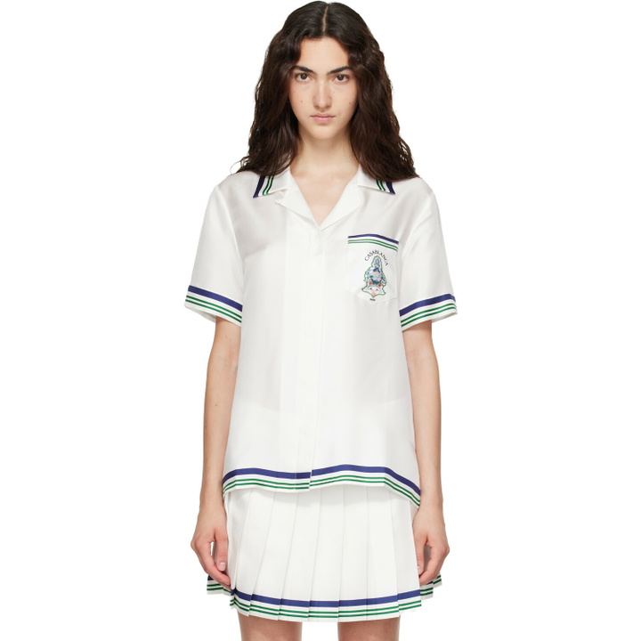 Photo: Casablanca White Hotel Emblem Short Sleeve Silk Shirt
