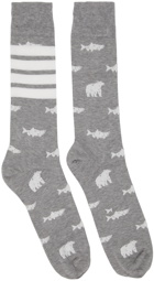 Thom Browne Grey Half Drop Bear & Salmon Socks