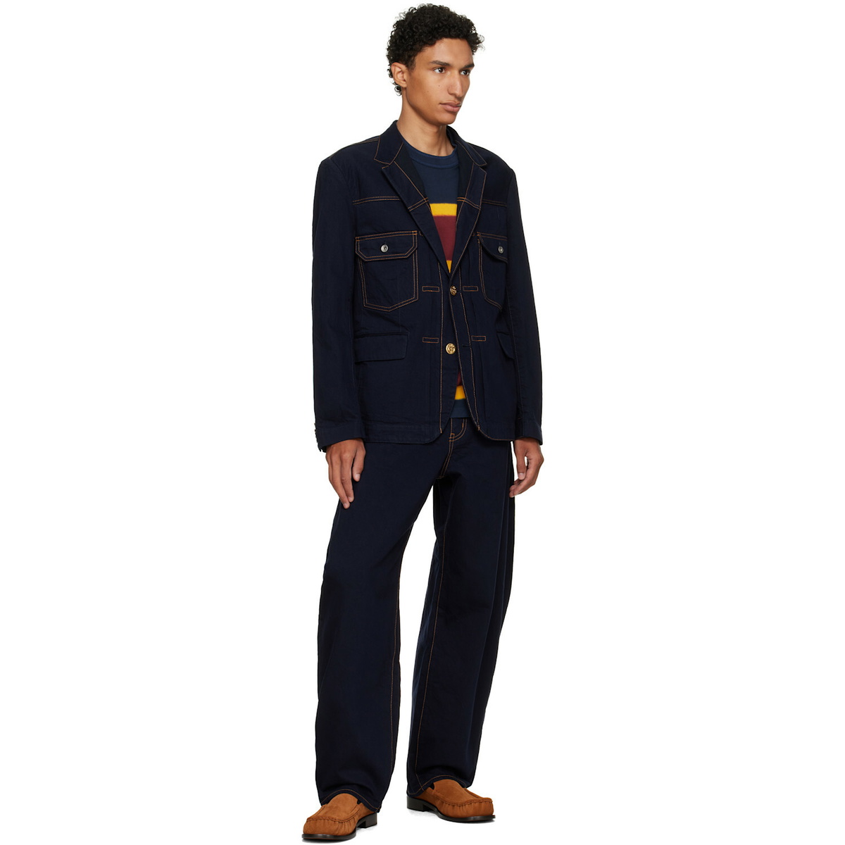 sacai Navy Notched Lapel Denim Blazer