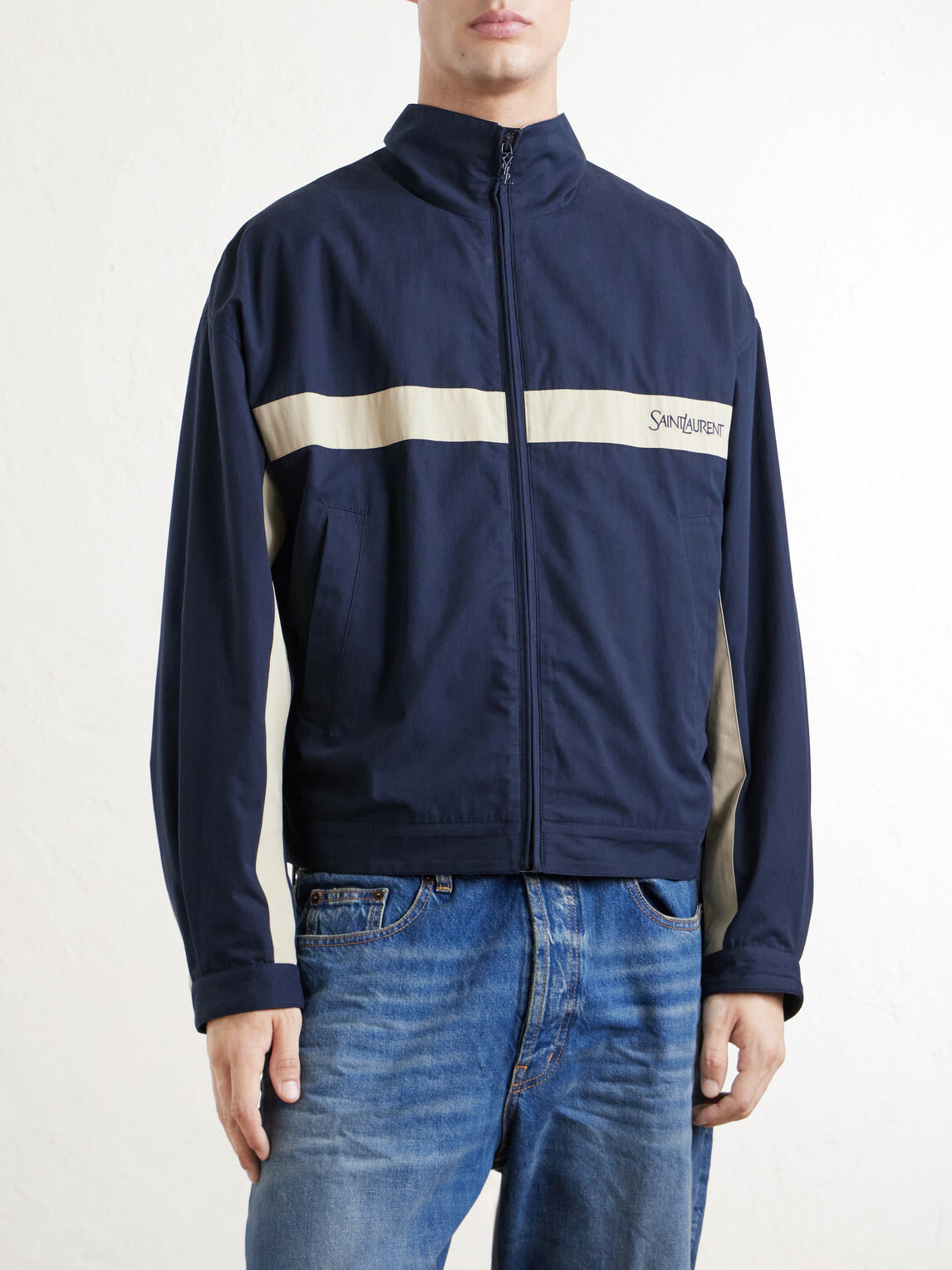 SAINT LAURENT - Panelled Logo-Embroidered Cassandre-Embellished Cotton Jacket - Blue