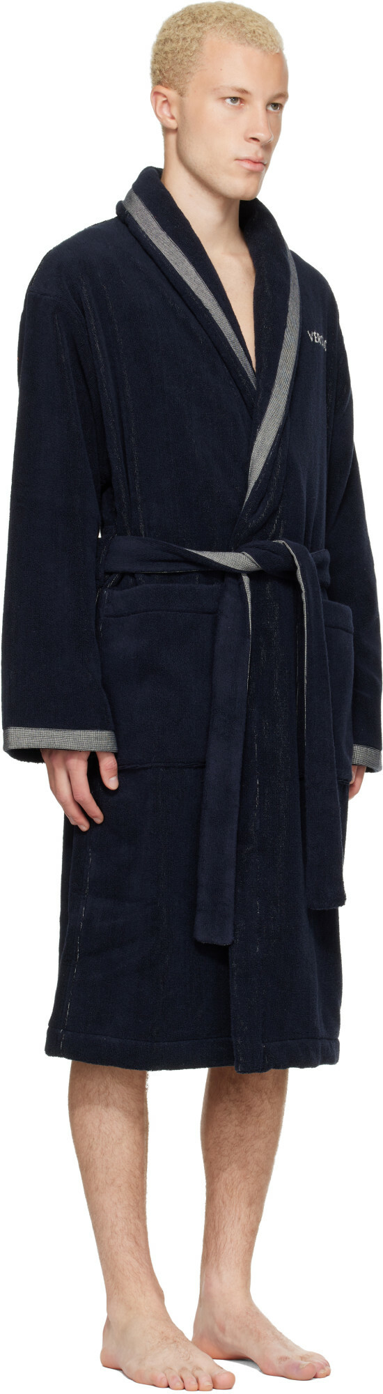 Versace Navy Cotton-Terry Jacquard Bathrobe