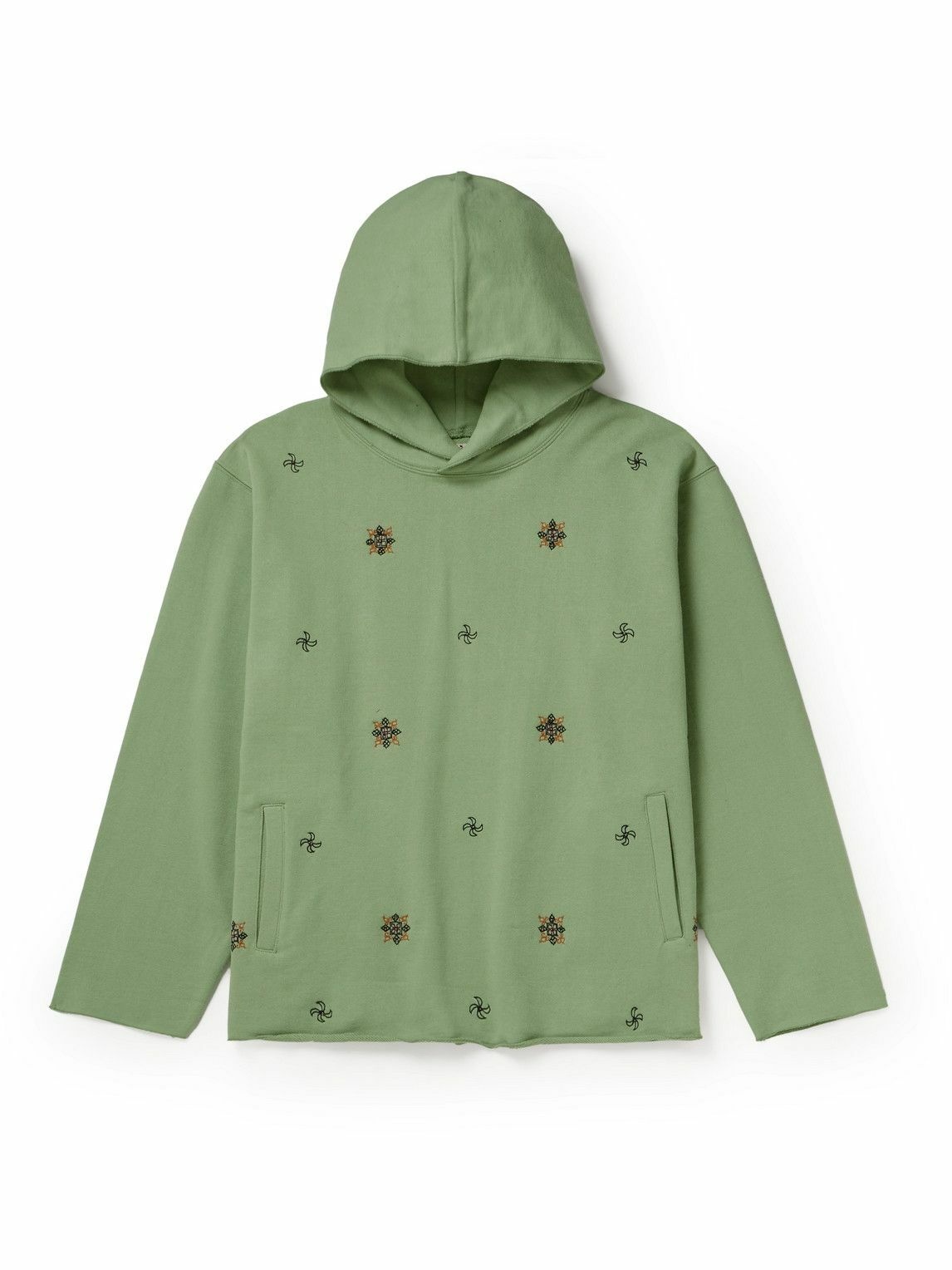 Photo: Kartik Research - Embroidered Distressed Cotton-Jersey Hoodie - Green