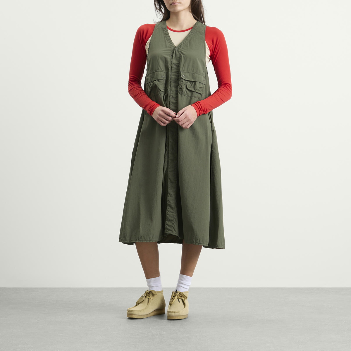Beams Boy Women's Nylon Midi Dress in Olive