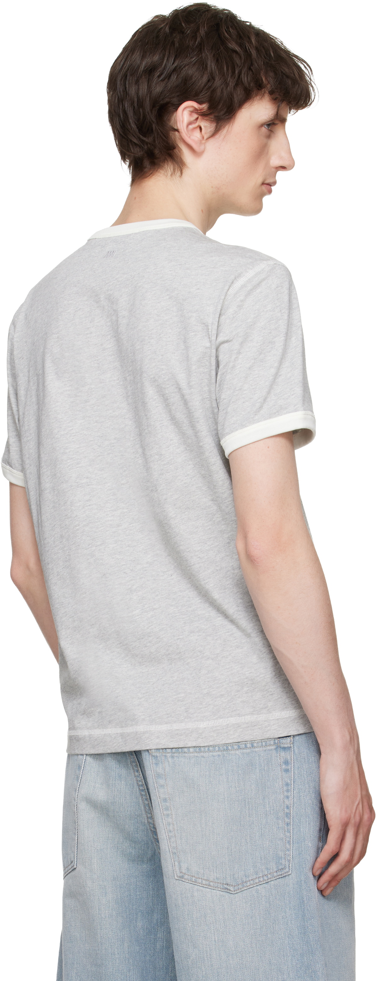 AMI Paris Gray Cotton 'Ami Paris' Knitted Patch T-shirt