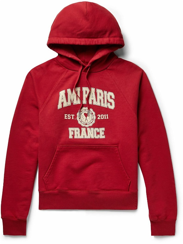 Photo: AMI PARIS - France Logo-Print Cotton-Jersey Hoodie - Red