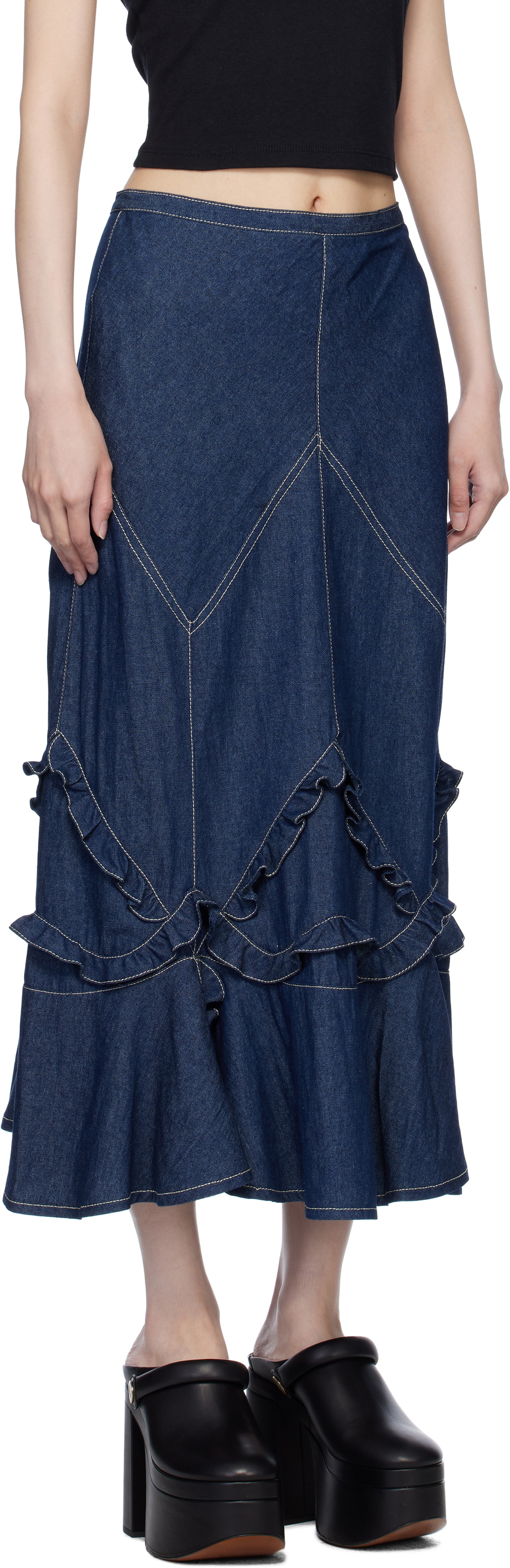Anna Sui Navy Ruffle Denim Maxi Skirt