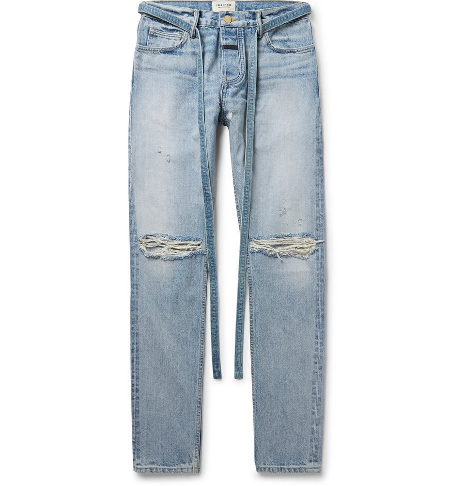 Fear of God - Slim-Fit Belted Distressed Selvedge Denim Jeans - Light blue