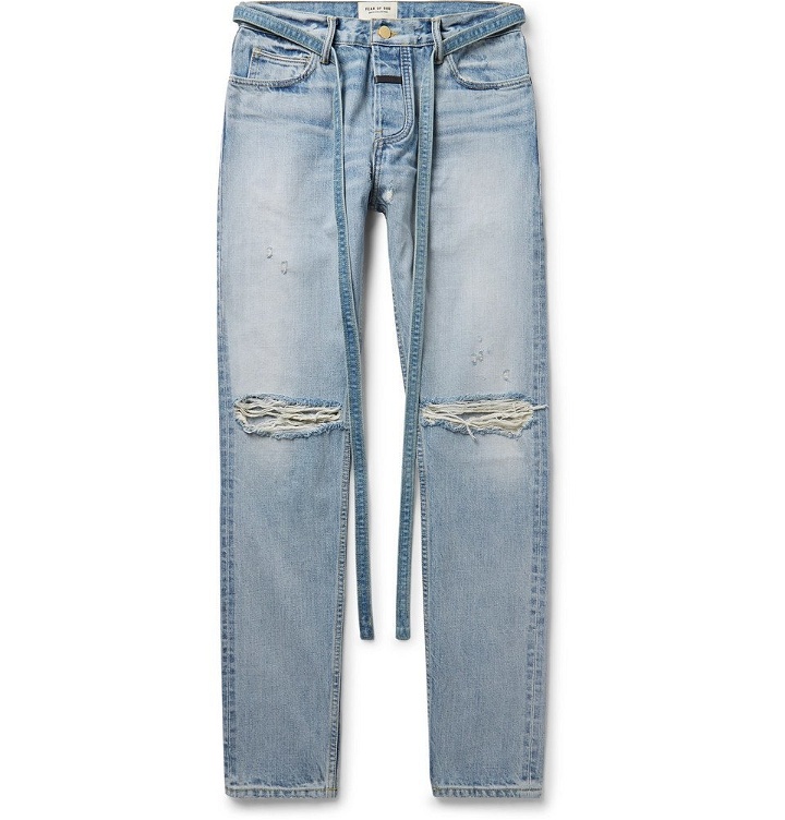 Photo: Fear of God - Slim-Fit Belted Distressed Selvedge Denim Jeans - Light blue
