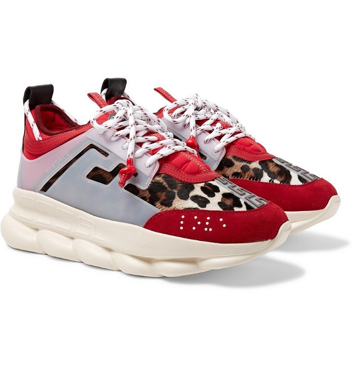 Photo: Versace - Chain Reaction Panelled Calf Hair, Rubber and Suede Sneakers - Red