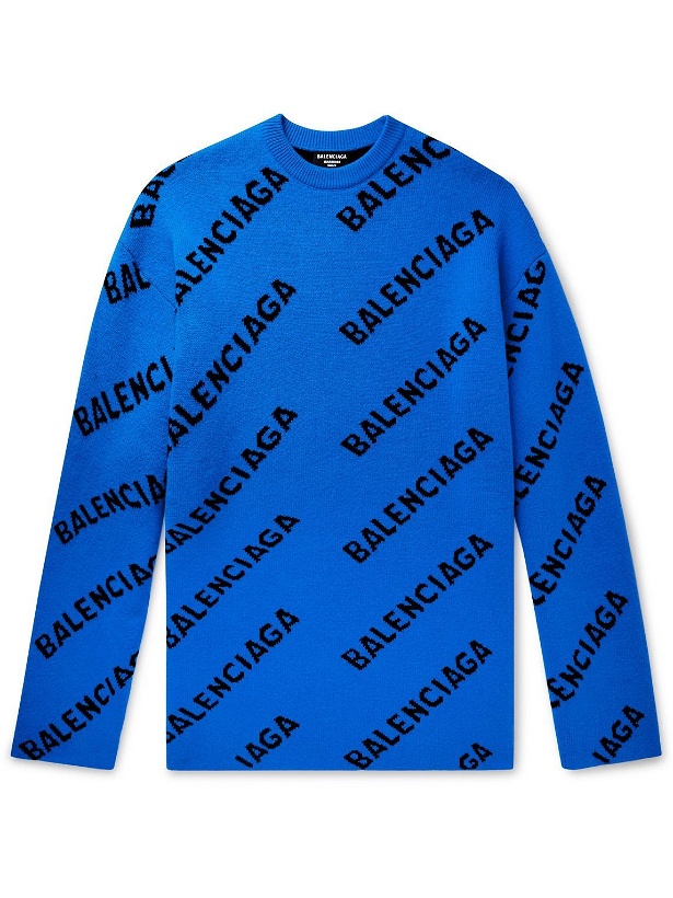 Photo: Balenciaga - Oversized Logo-Jacquard Wool-Blend Sweater - Blue