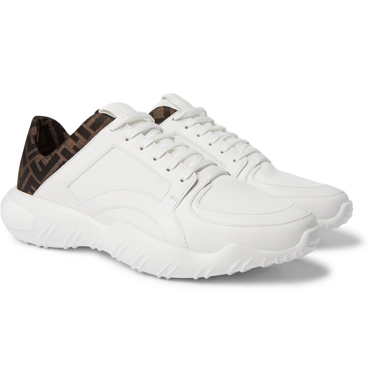Photo: Fendi - Logo-Jacquard Leather and Mesh Sneakers - White