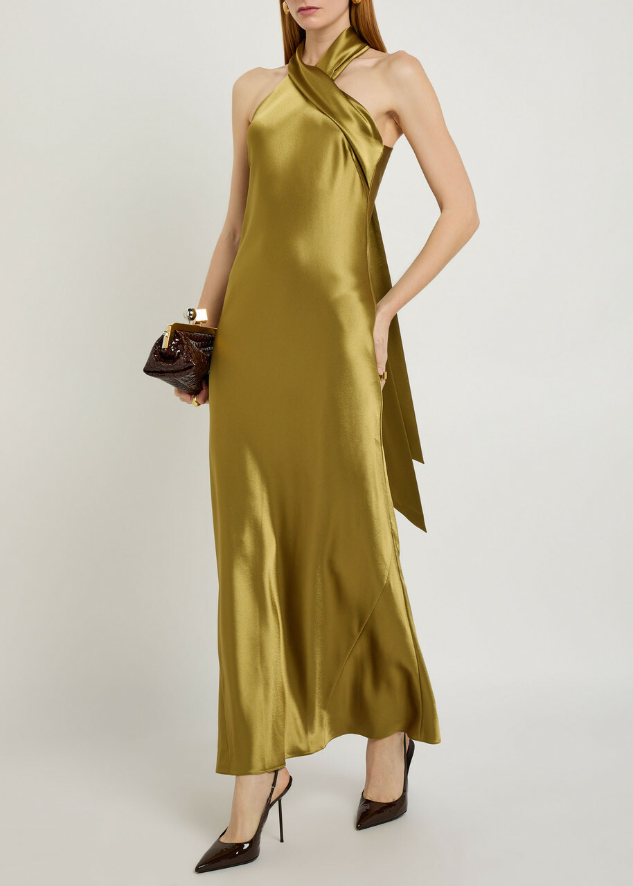 Galvan Pandora Cascading Satin Maxi Dress Green