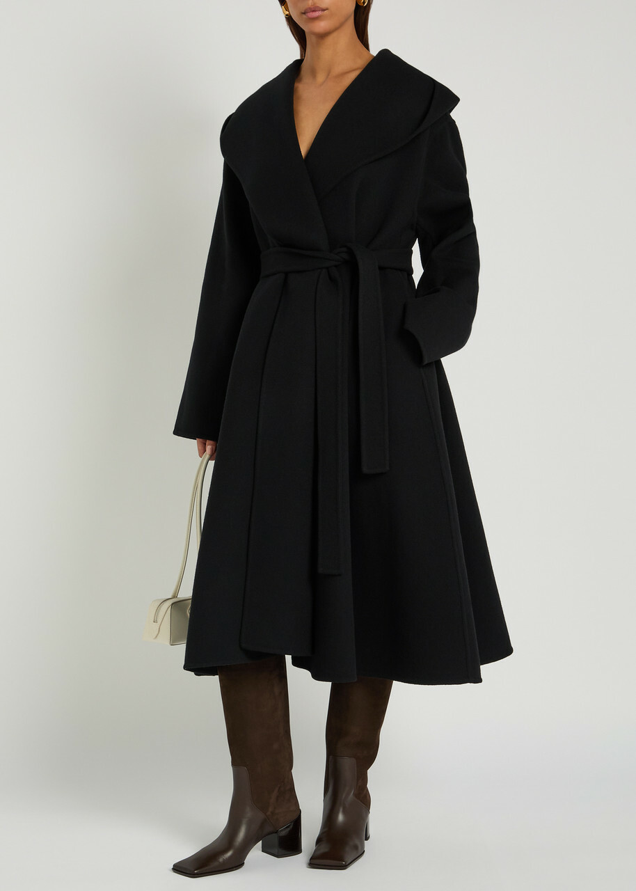 Alaïa Belted Hooded Wool Wrap Coat Black