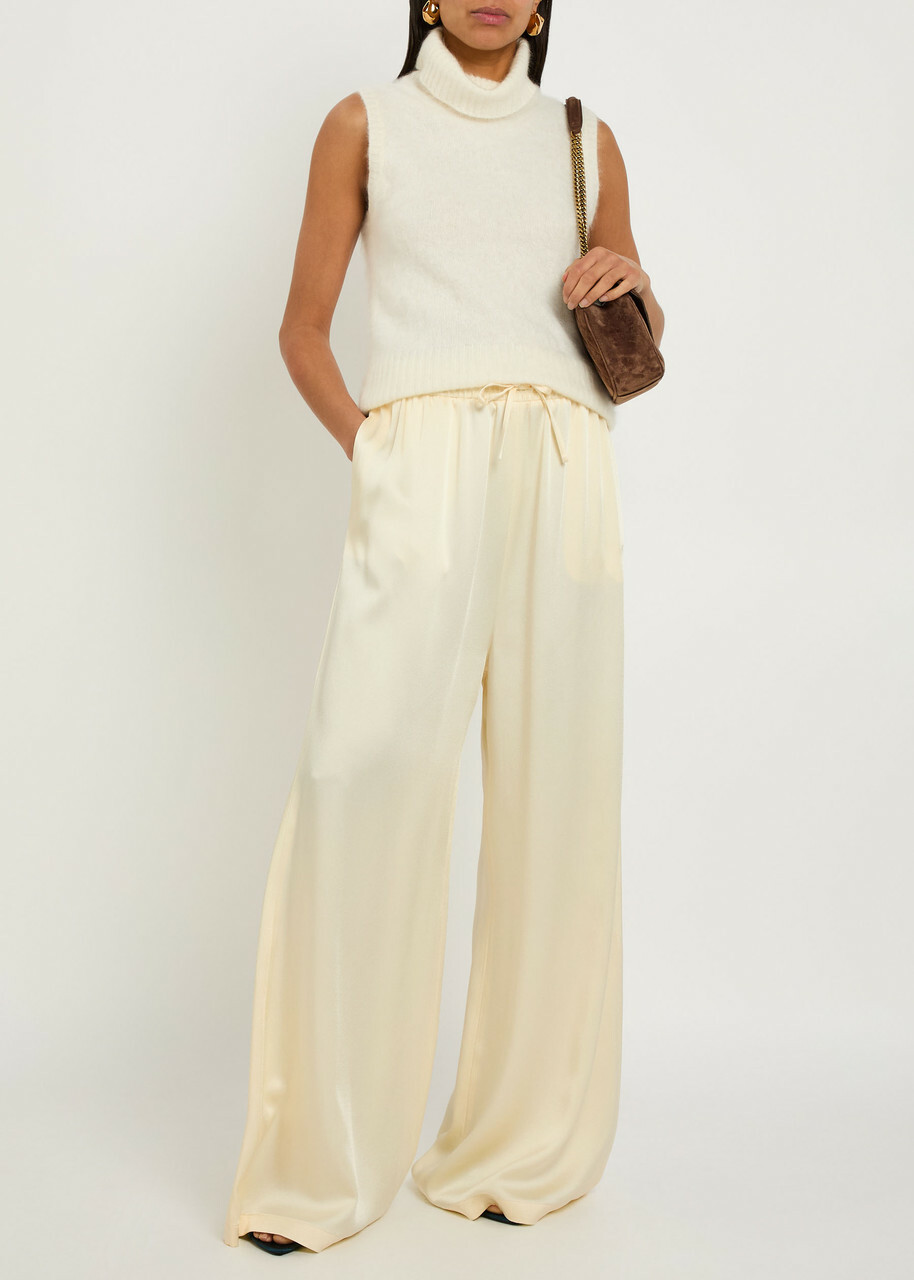 Stella Mccartney Logo-embroidered Satin Trousers Cream