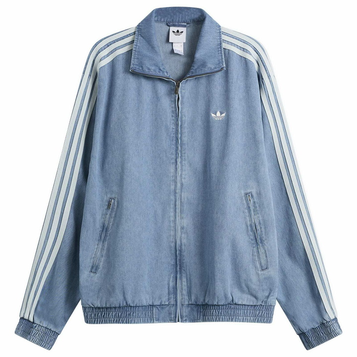 Photo: Adidas Men's Denim Firebird Track Jacket in Light Blue