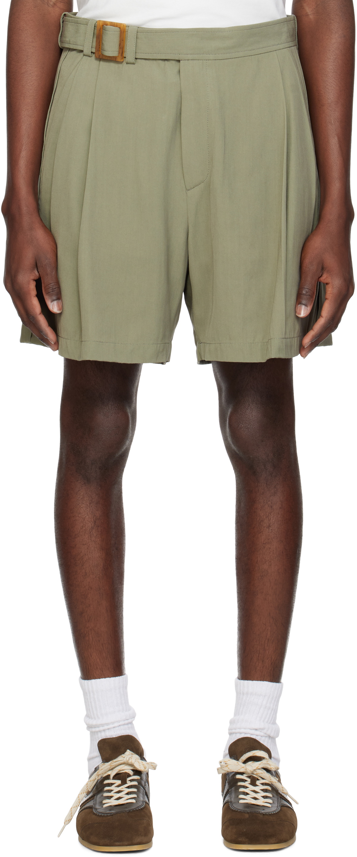 RECTO Khaki Wrinkle Detail Belted Shorts