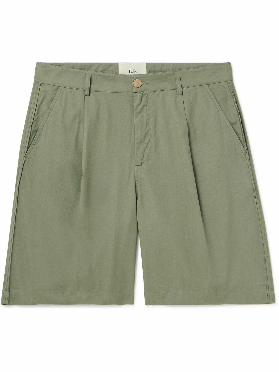 Photo: Folk - Wide-Leg Pleated Garment-Dyed Cotton-Twill Shorts - Green