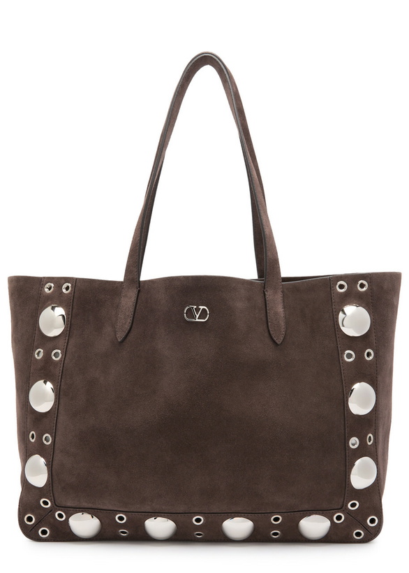 Photo: Valentino Nellcôte Studded Suede Tote - Dark Brown - One Size