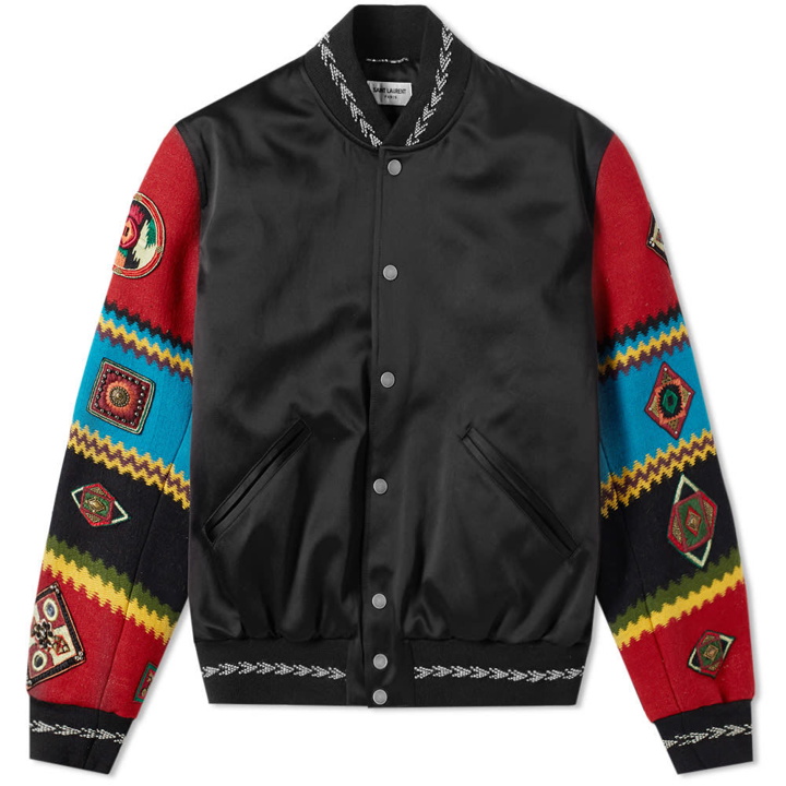 Photo: Saint Laurent Ethnic Patch Satin Teddy Jacket Black