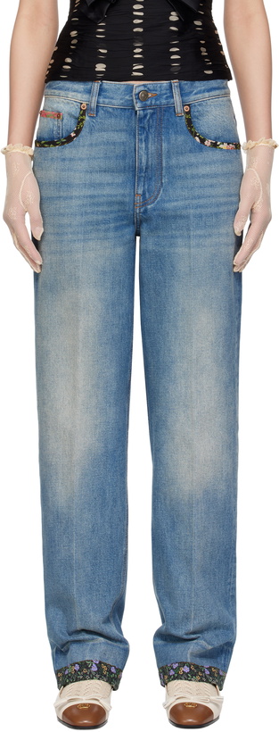 Photo: Valentino Blue Floral Print Hem Jeans