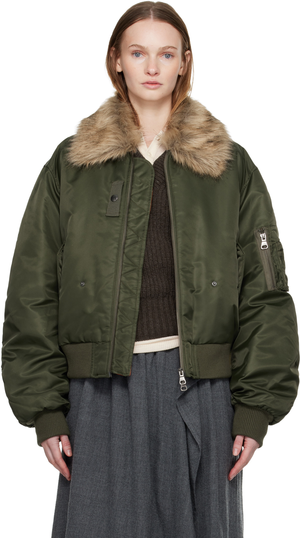 Andersson Bell Green Faux-Fur Collar MA-1 Bomber Jacket