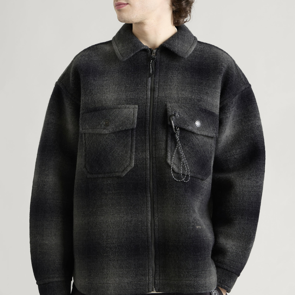 And Wander Men's Wool Shaggy Check Zip Jacket in Charcoal