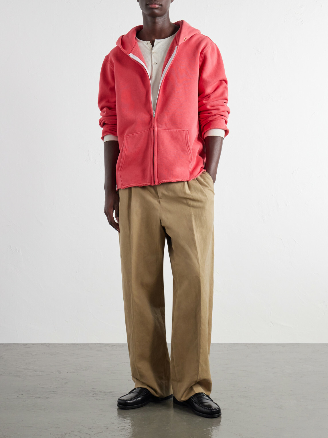 Les Tien - Garment-Dyed Distressed Cotton-Jersey Zip-Up Hoodie - Red