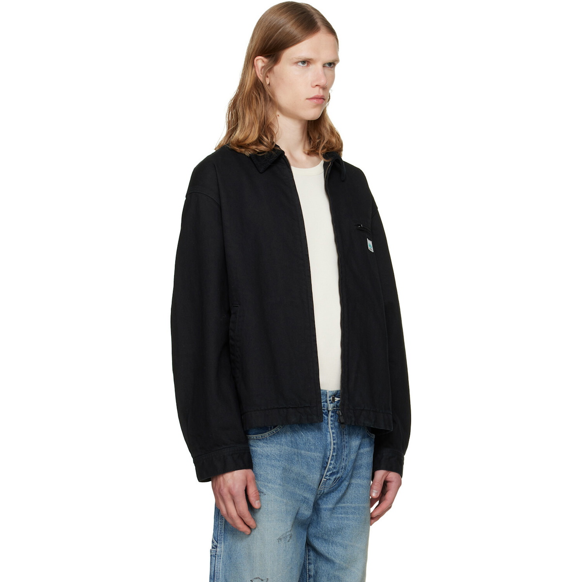 vowels Black Cord Collared Zip-Up Denim Jacket