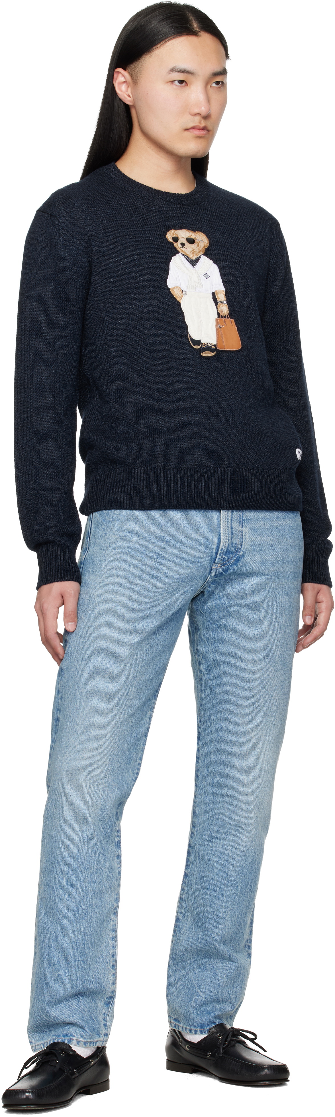 Ralph Lauren Purple Label Navy 'Polo Bear' Silk-Linen Sweater