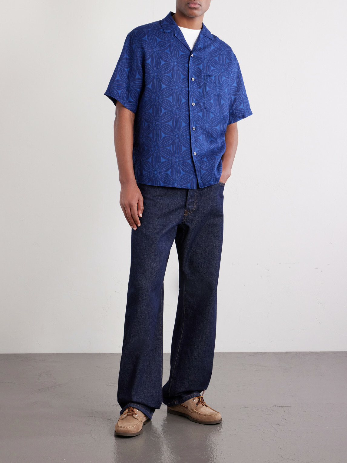 Blue Blue Japan - Sakura Camp-Collar Indigo-Dyed Floral-Print Linen Shirt - Blue