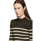 Balmain Black and Beige Striped Button Sweater