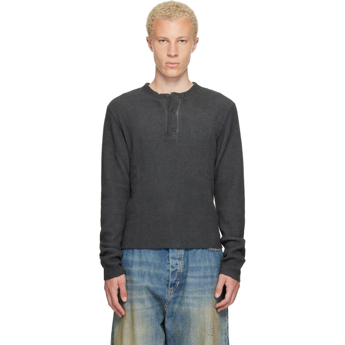 424 Black Long-Sleeve Thermal Jersey Henley