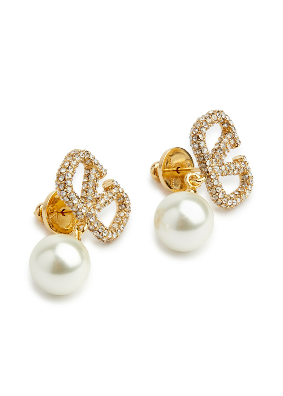 【VALENTINO GARAVANI】VLOGO クリスタル＆パールイヤリング Vlogo Signature Metal Earrings With Crystals And Pearls In