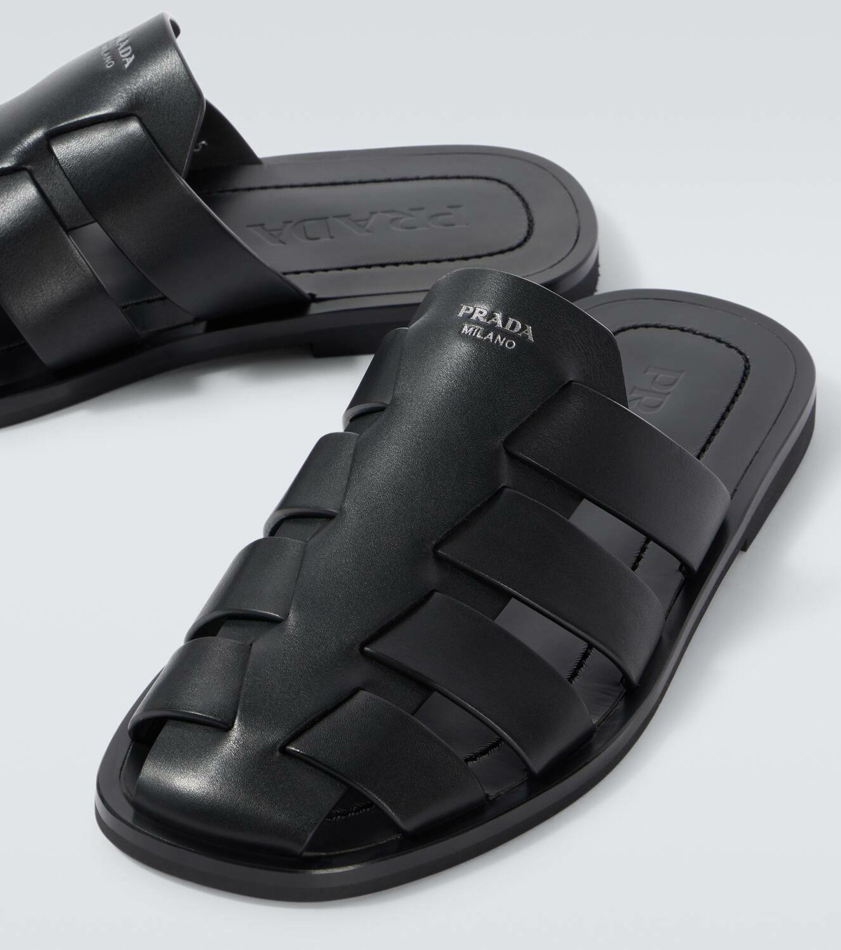 【PRADA】LEATHER SANDALS Prada Leather Double-Grip Slide Sandals | Neiman Marcus
