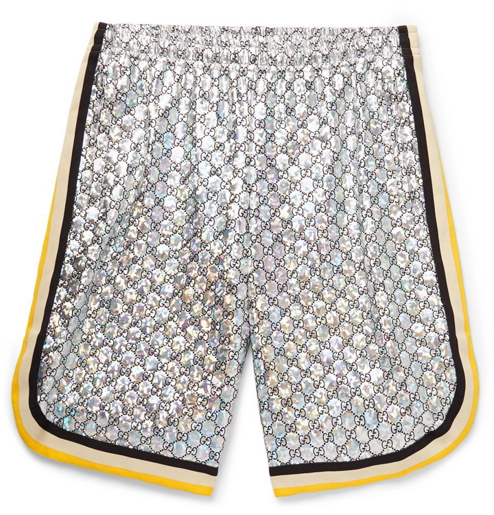 Photo: Gucci - Webbing-Trimmed Logo-Embroidered Iridescent Jersey Shorts - Men - Silver