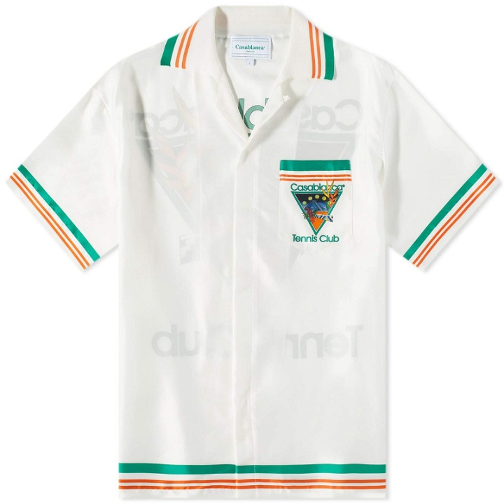 Photo: Casablanca Men's Tennis Club Icon Short Sleeve Silk Shirt in White/Green/Orange