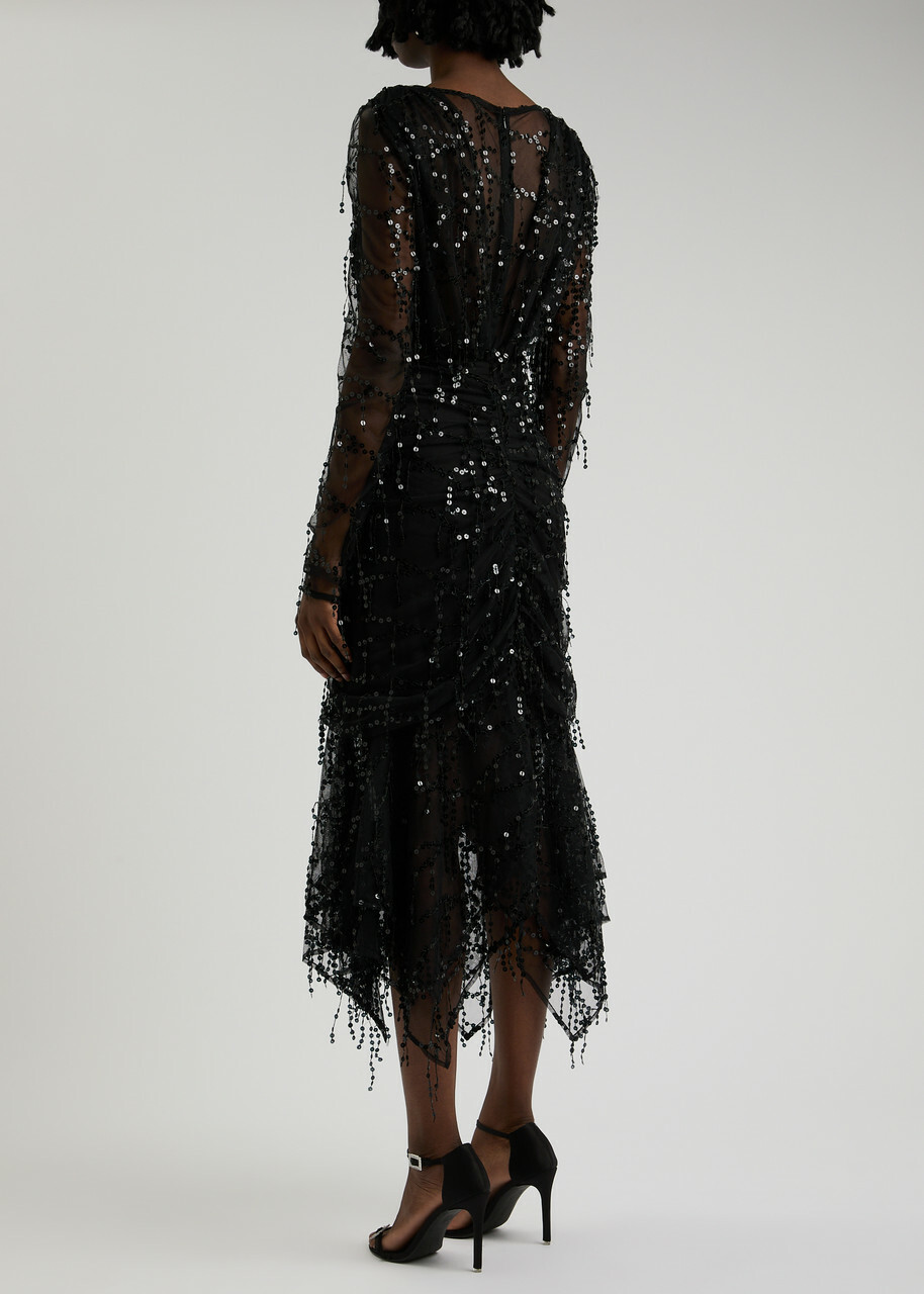 Paris Georgia Bianca Fringed Tulle Midi Dress Black