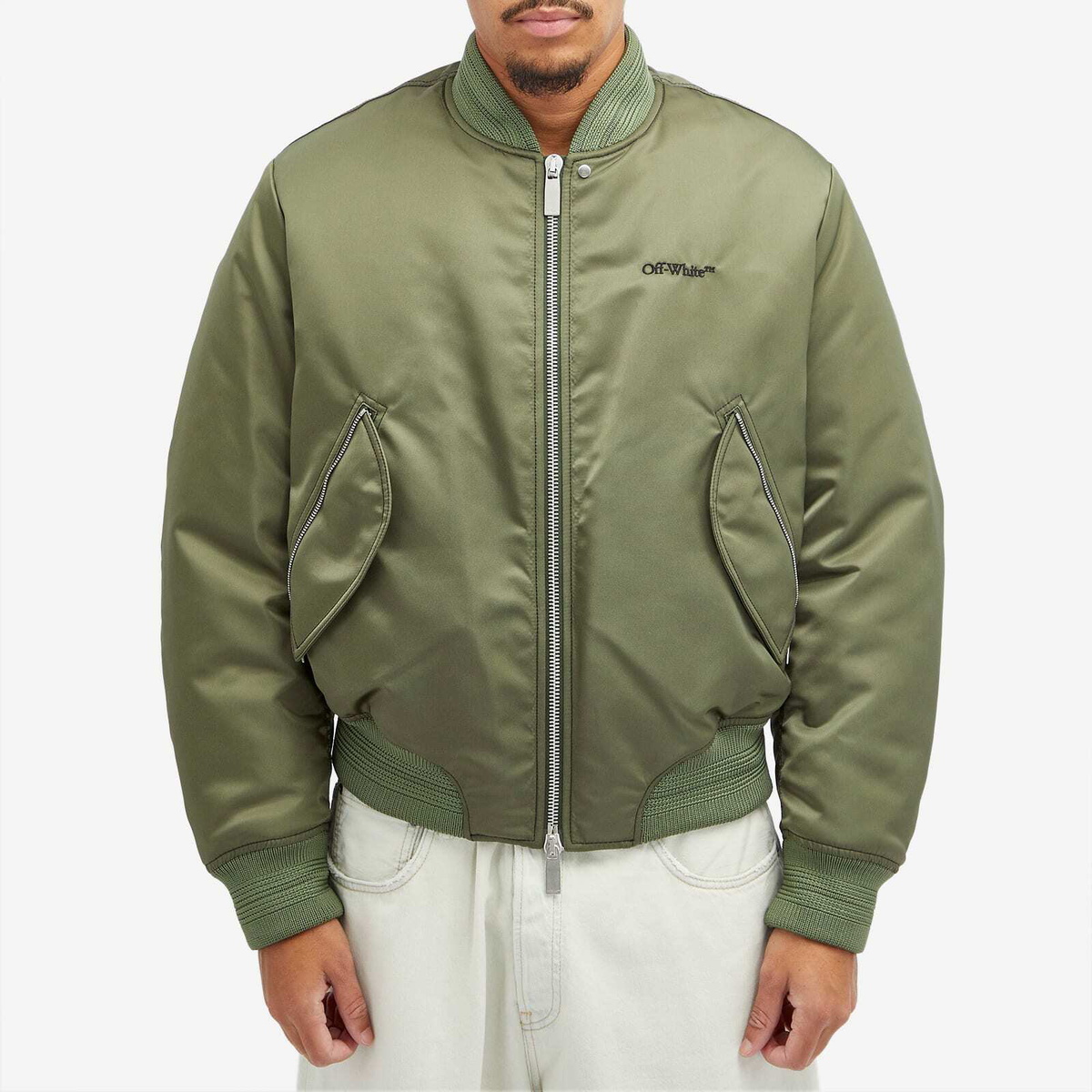 【関税＆送料込み】Off-White Nylon Bomber Jacket Off-White Men's Contrast Stitch Nylon Bomber Jacket in Green